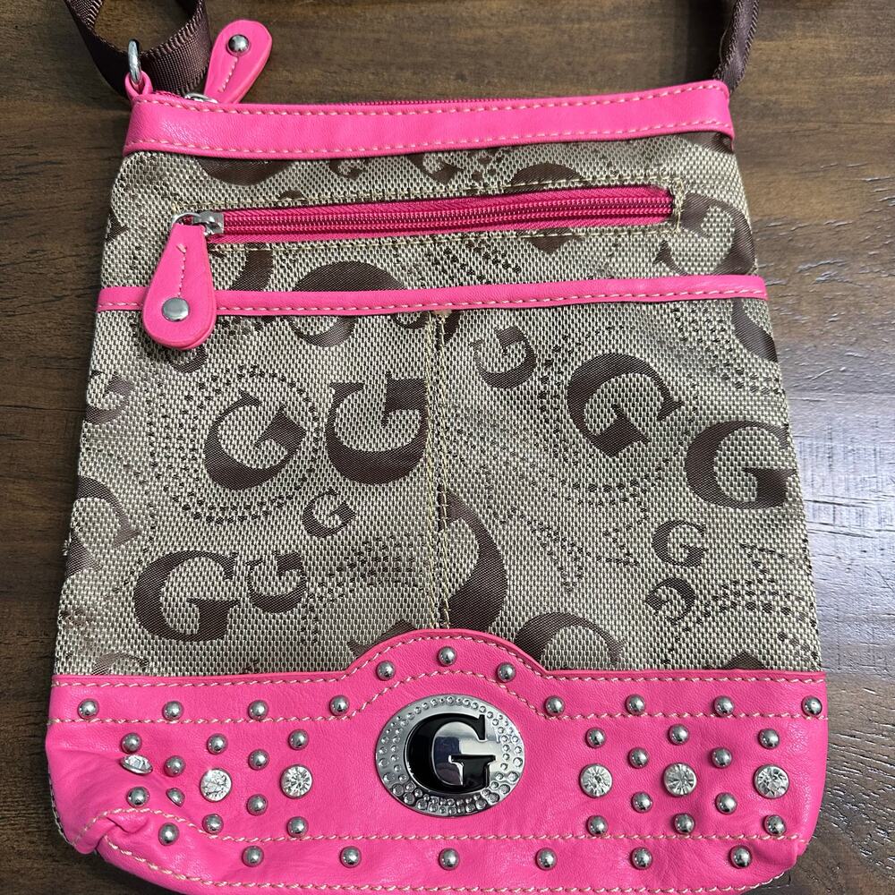 Guess Pink Studded Monogram Crossbody Bag Y2K Small Purse - Picture 2 of 8